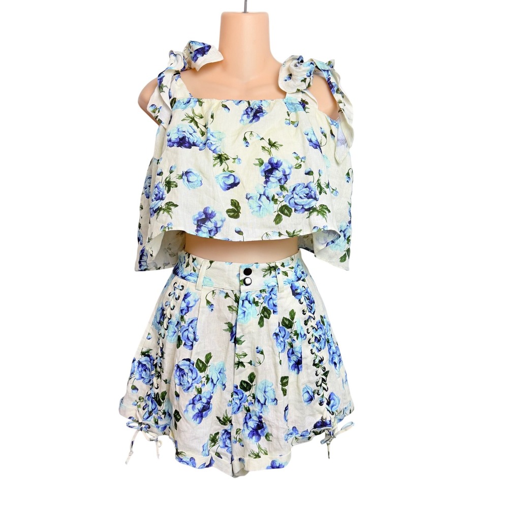 The Kooples Blue Floral Linen 2 Piece Set Crop Top Lace Up Shorts Size 2 M